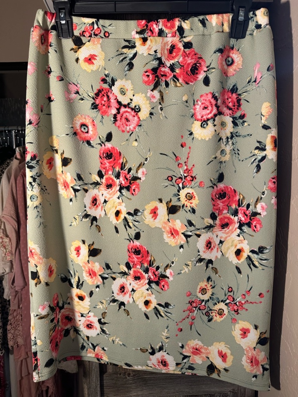 Moon Collection Sage Floral Pencil Skirt with Pink and Cream Blooms